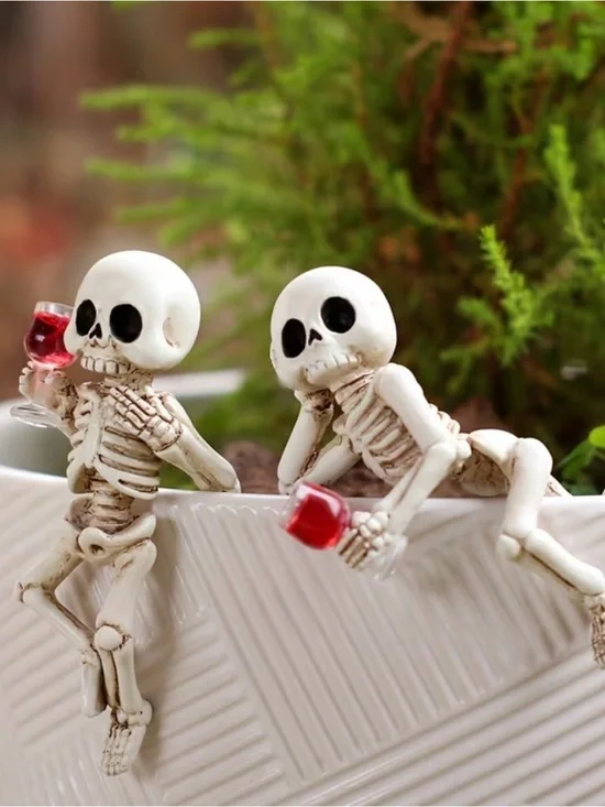 Halloween Skeleton Planter Hangers with Red Wine Glasses - White