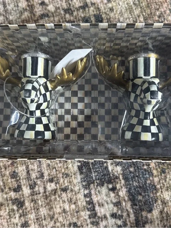 Mackenzie Childs Moose Candle Holders - Black, White & Gold - Home