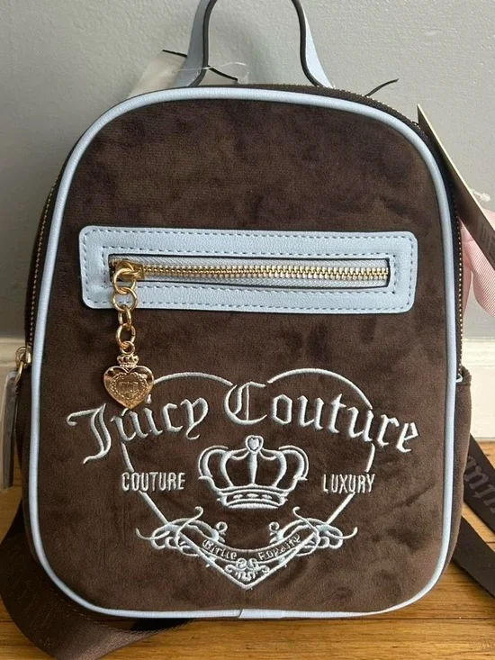 Juicy Couture Brown Backpack with Light Blue Trim and Gold Charm