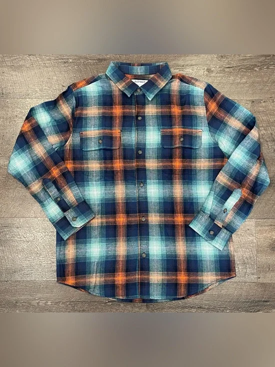 Old Navy Boys’ Blue & Orange Plaid Flannel Long Sleeve Shirt Size XL Plus