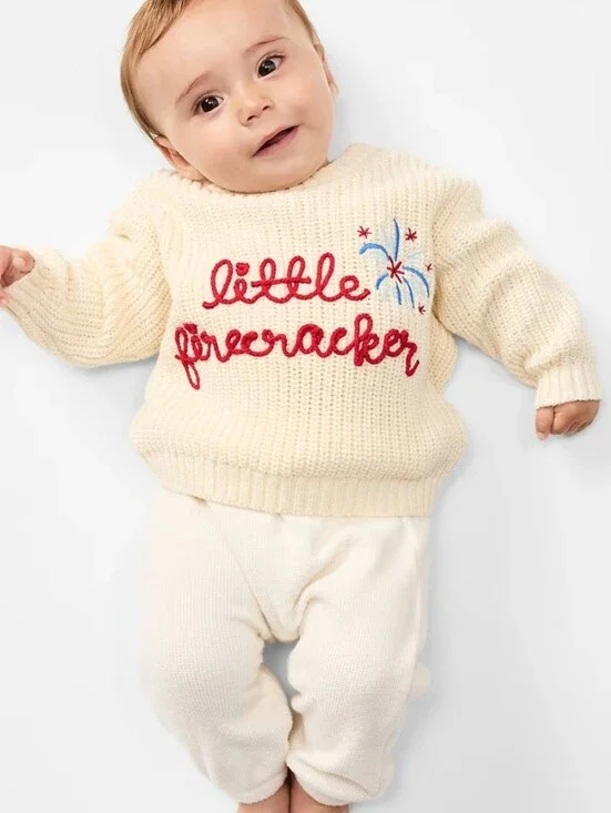 Old Navy Little Firecracker Loose Unisex Knit Baby Sweater Cream 12 - 18 Months