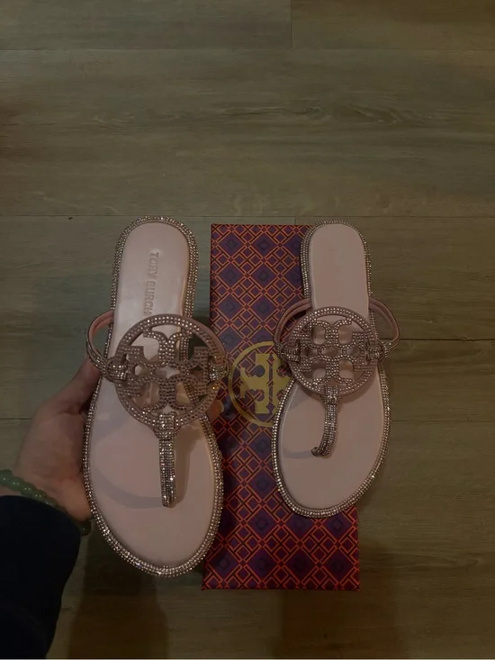 Tory Burch Blush Pink Crystal Logo Thong Sandals