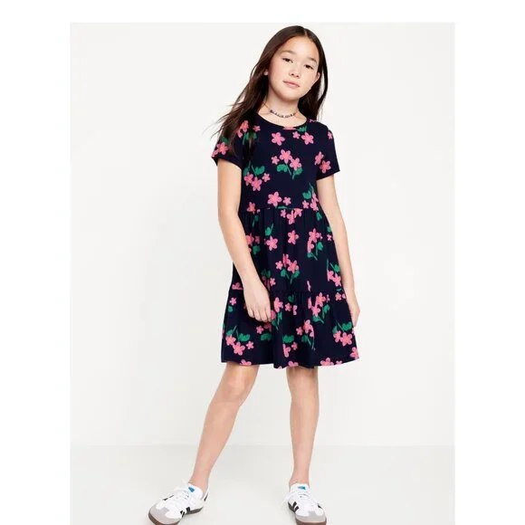 Old Navy Short-Sleeve Tiered Swing Dress for Girls in Navy Floral