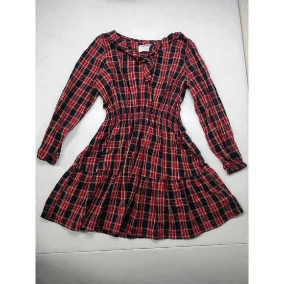 Old Navy Girls Red Plaid Smocked Tiered Long Sleeve Dress Size M 8 Holiday‎