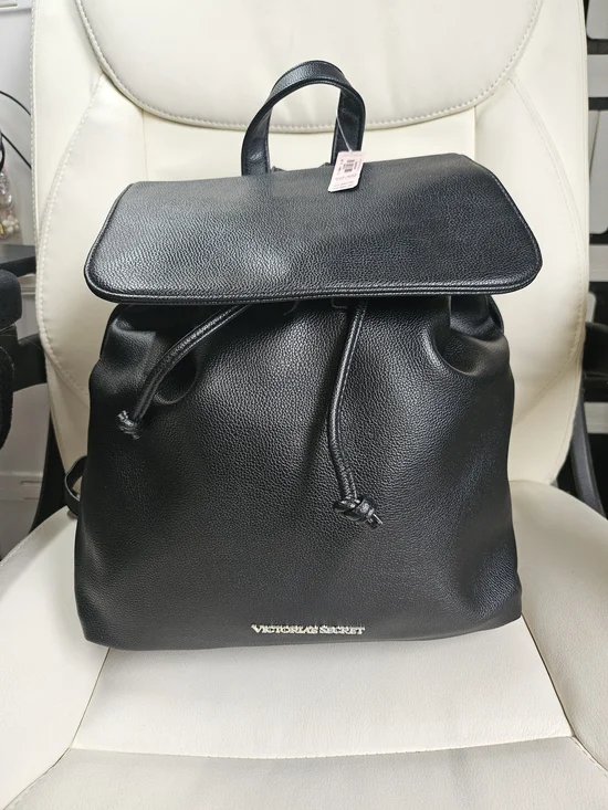 BNWT Victoria's Secret Black Leatherette Drawstring Backpack