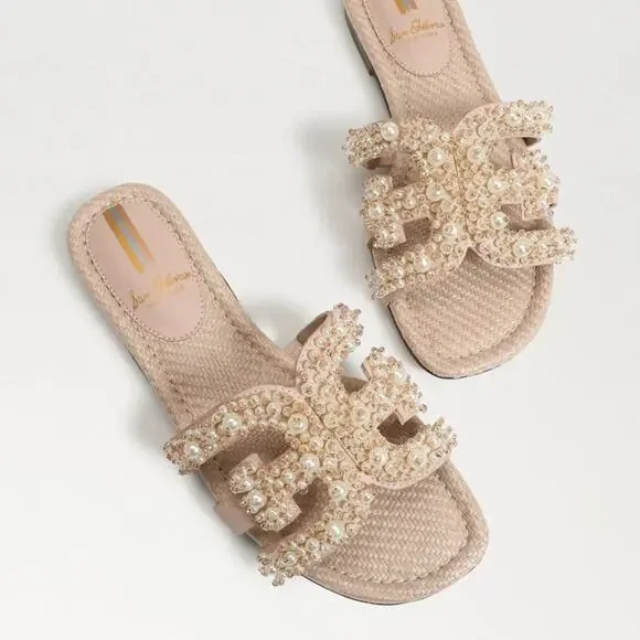 Sam Edelman Pearl & Sequin Embellished Nude Slide Sandals