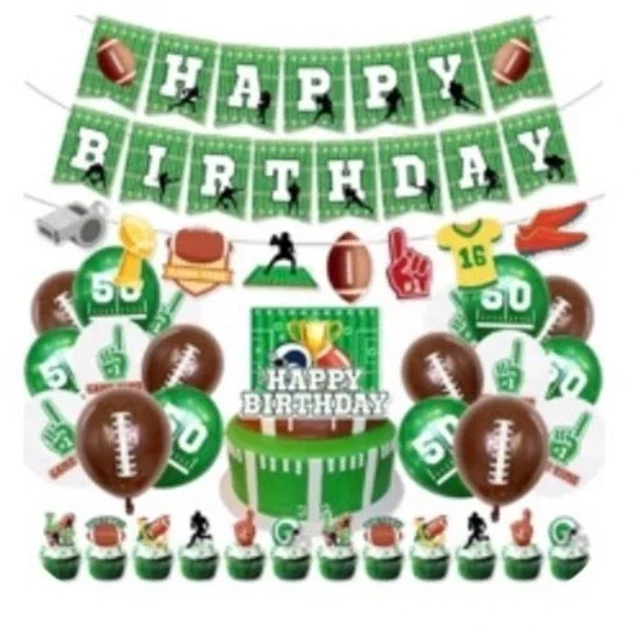 Football Happy‎ Birthday Party Decorations Set Banner Balloons Cake Topper Green