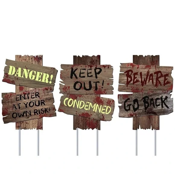3 Halloween Yard Signs With Stakes Scary Keep Out Danger