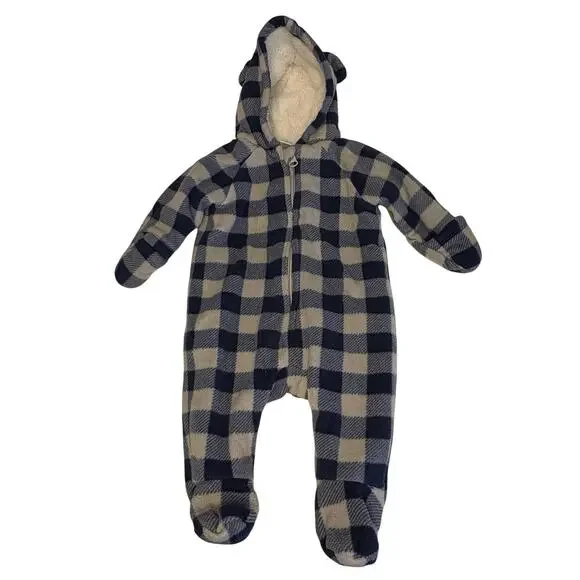 Old Navy One-Piece Fleece Snowsuit Boys 0-3M Blue Gray Check Hooded