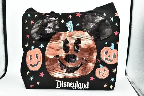 Disneyland Resort Halloween Sequin Pumpkin Mickey Mouse Open Top Tote Bag Black