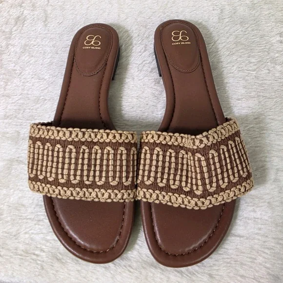 Cosy Island Oasis Slide Sandals Brown Woven Strap Flat Women Size 9 NEW