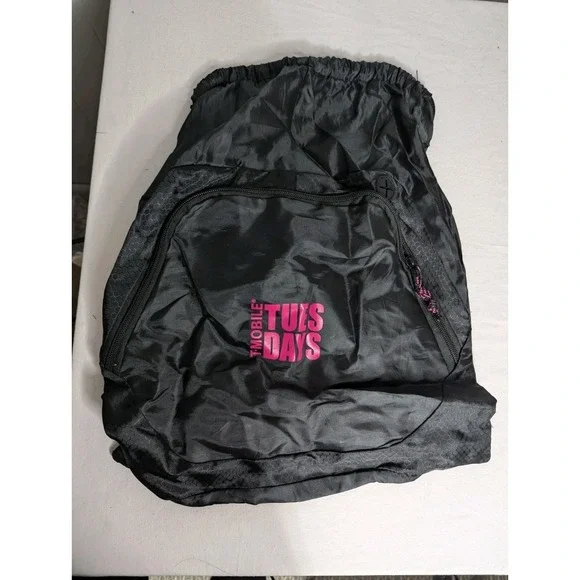 T‎ Mobile Tuesdays Black pink nylon drawstring backpack bag with zippered pocket