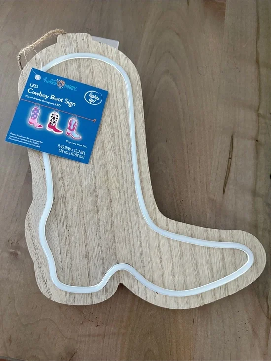 Natural Wood Cowboy Boot LED Sign — White