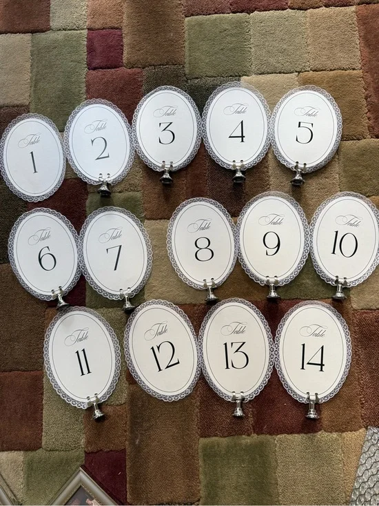Elegant White Table Number Cards with Silver Holders - Set of 14