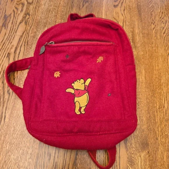 Disney Store Winnie the Pooh Red Felt Embroidered Fall Leaves Mini‎ Backpack Bag