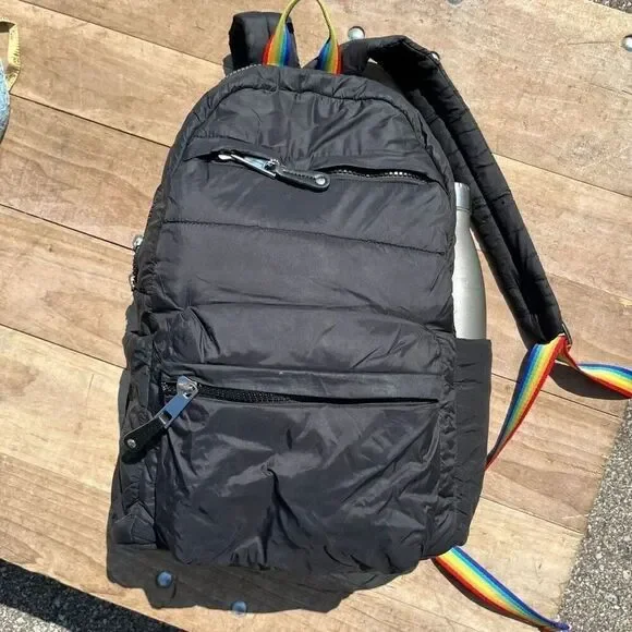 Shonda Roberts Squared Rainbow Strap Puffer Backpack Black