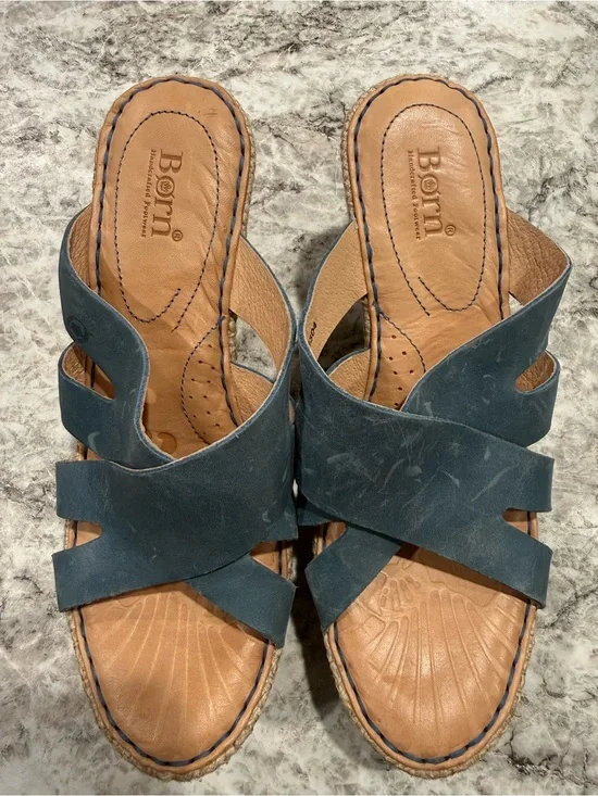 Born Women's Teal Leather Crossover Slide Sandals
