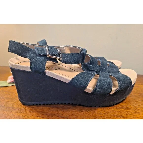 BLACK Vionic Tawny Suede Wedge Ankle Straps Platform Sandals Size 7 EU 38