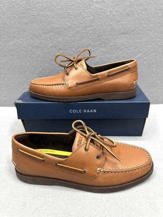 Cole Haan Grand+ Bowside Men 8.5 Boat Shoes Cognac Brown Leather Loafers C42132