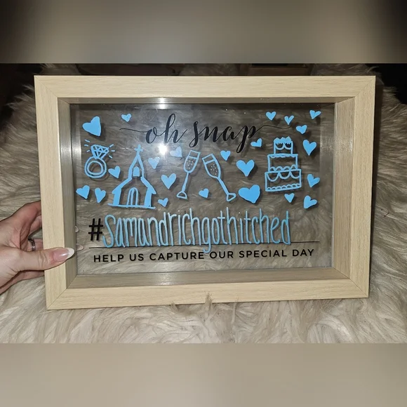 Wedding Hashtag Sign – Wooden Frame w/ Glass Insert (12x8)