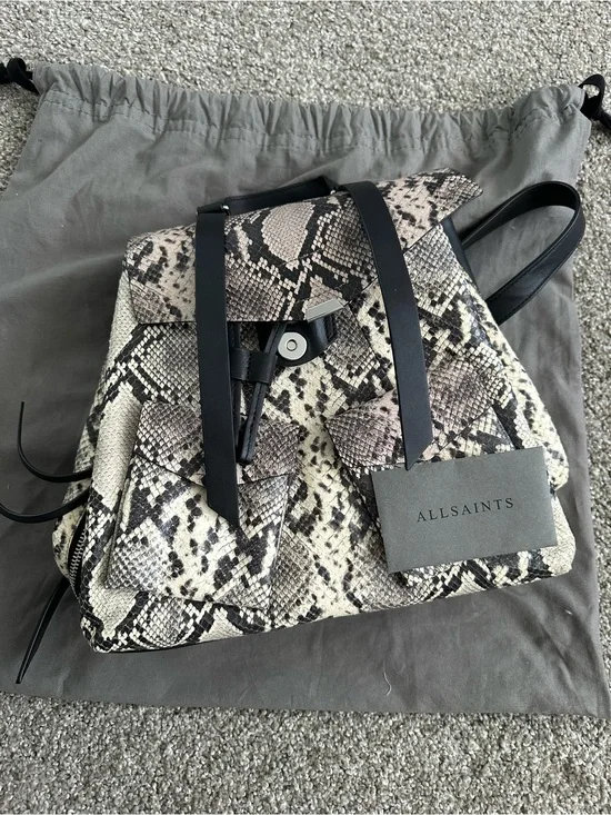 AllSaints Snake-Print Backpack in Cream and Black