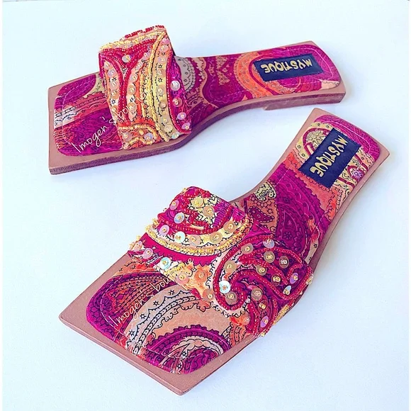 NIB Pink orange square toe flats beaded sequined bohemian slides fuscia shimmer