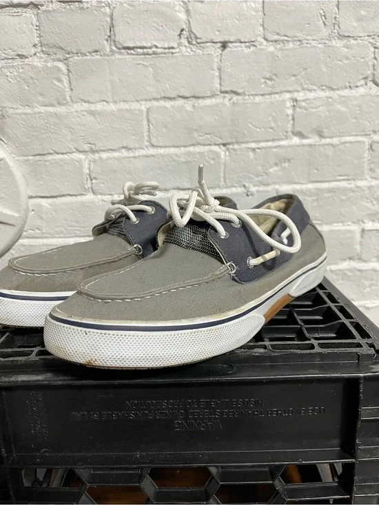 Sperry Gray and Navy Canvas Boat Shoes with White Laces
