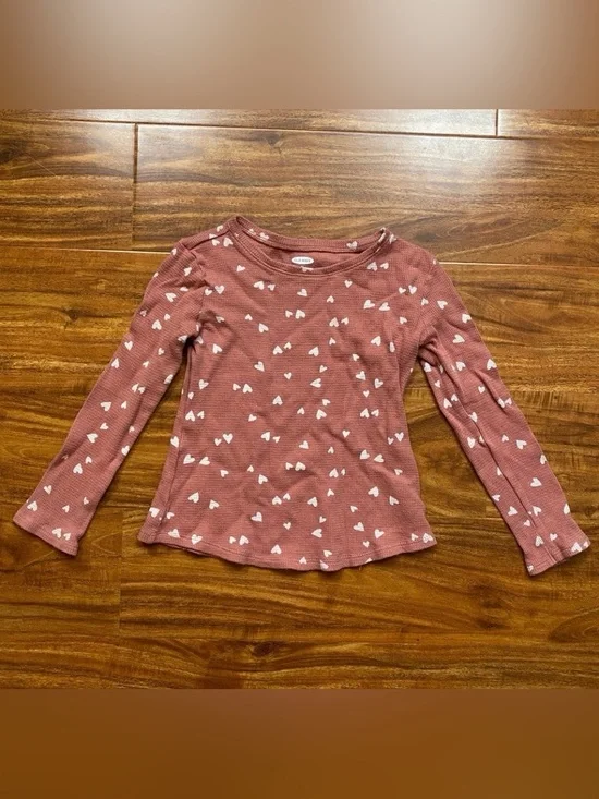 3/$25 Old Navy Toddler Mauve Hearts Thermal Long Sleeve Cotton Top Size 5T Girly