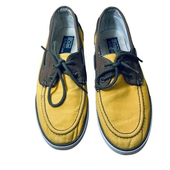 Polo‎ Ralph Lauren Mens Lander P Yellow Canvas Boat Shoes 9D Brown Trim