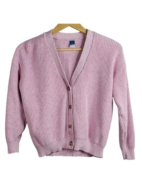 Old Navy Girls Speckled Ribbed Cardigan Pink Large Sweater Long Sleeve Chunky