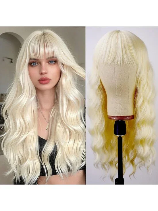 Women's Blonde 26 Inch Natural Looking Synthetic Fiber Long Wavy Wigs Bangs
