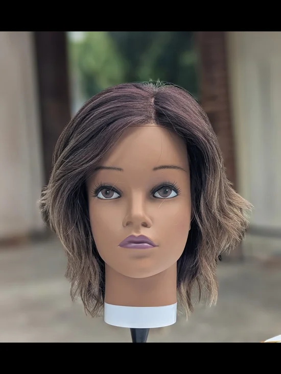 Short Layered Women's Wig in Dark Brown with Ash Blonde Highlights