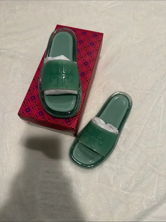 Tory Burch Green Logo Jelly Slide Sandals
