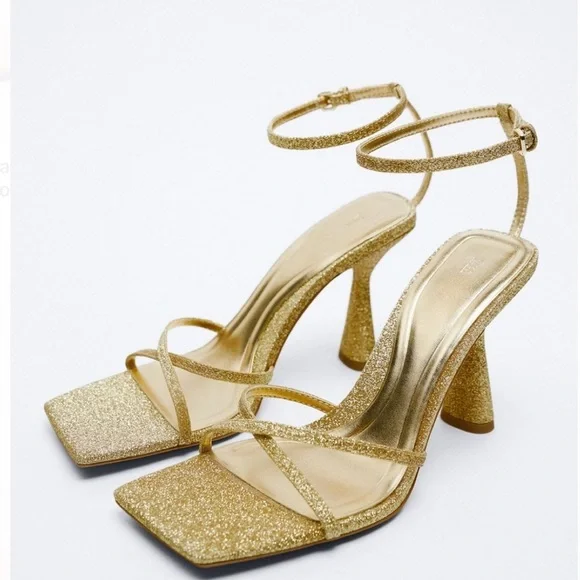 Zara Gold Metallic Glitter Strappy Heeled Sandals EU 39