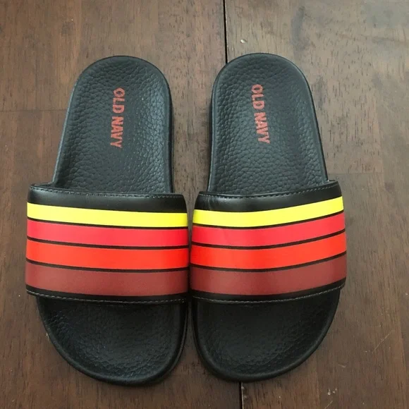 Old Navy Slide Sandals with Red and Yellow Stripe Accents