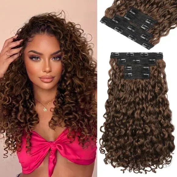 Reecho Clip In Hair Extensions Curly Brown Full Head Synthetic Weft 14