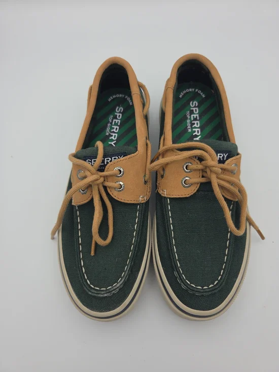 Sperry Green Canvas and Tan Leather-Trim Boat Shoes
