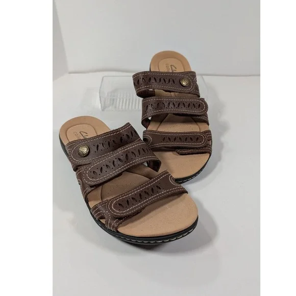 Clarks Collection Leisa Janna Brown Leather Slide Sandals Womens 7