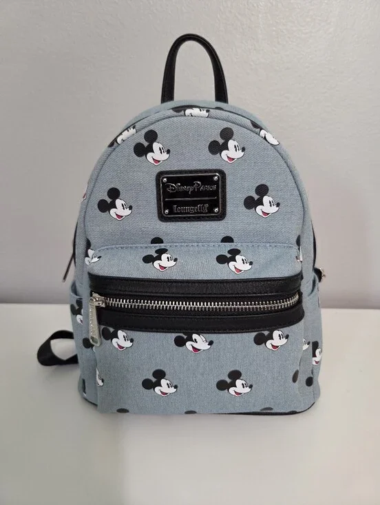 Disney Parks Loungefly Mickey Mouse Face Patterned Denim Backpack Leather Straps
