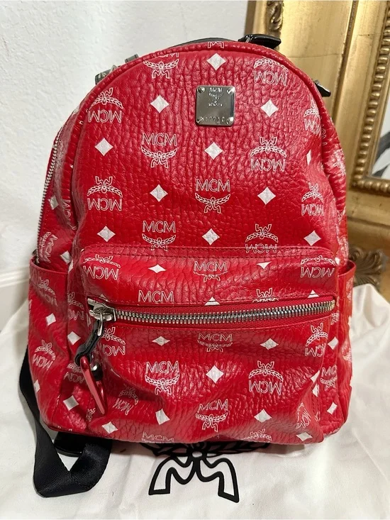 Worn Once MCM Stark Backpack in White Visetos Viva Red Stud