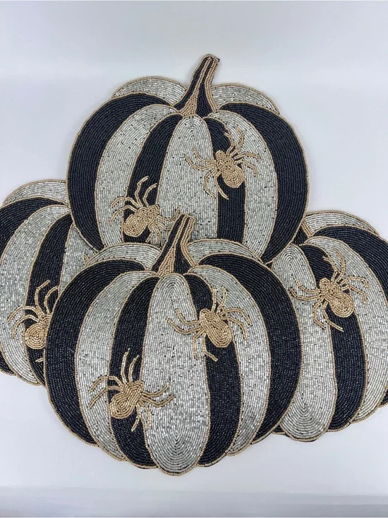 Christian Siriano Beaded Black, Silver & Gold Pumpkin Spider Placemats 4 Pc NEW