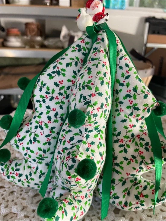 Vintage Handmade Festive Green Holly Fabric Christmas Tree Decor