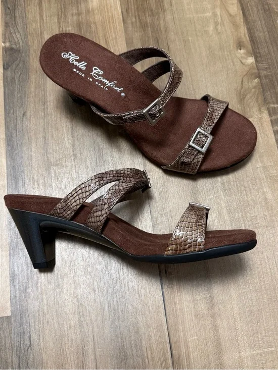 Helle Brown Snake-Print Strappy Mid-Heel Sandals