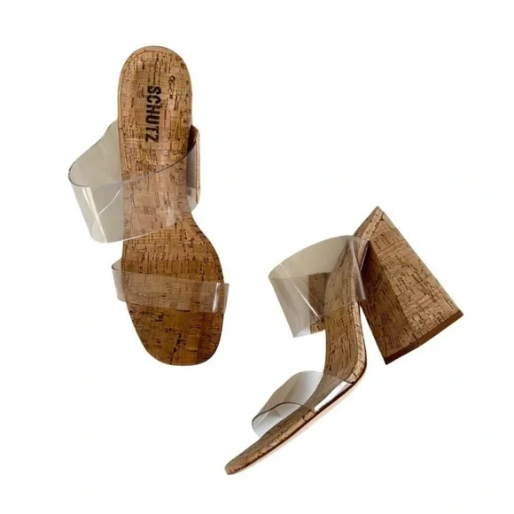 Schutz Victorie Beige Cork & Transparent Vinyl High Block Heel Sandals, Size 10