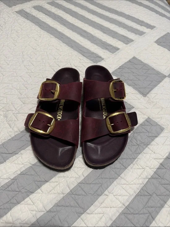 Birkenstock Arizona Big Buckle Sandals in Burgundy with Gold Buckles