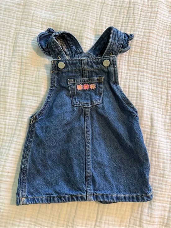 Old Navy Blue Denim Overall Dress with Pink Flower Trim