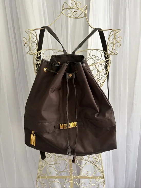 Moschino Brown Nylon Drawstring Backpack with Gold Hardware