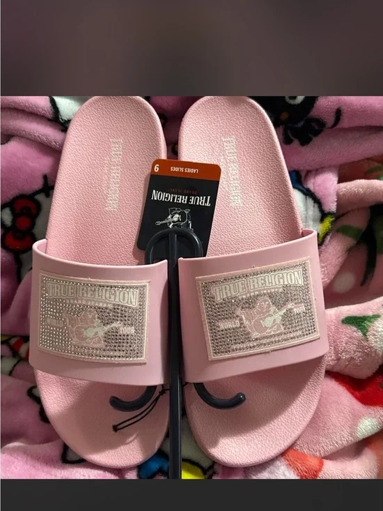 True Religion Pink Logo Slide Sandals for Women