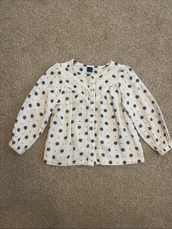 Cream Button-Front Floral Peasant Top