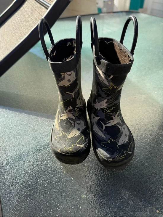 Kids Black Shark Print Rain Boots with Pull Handles